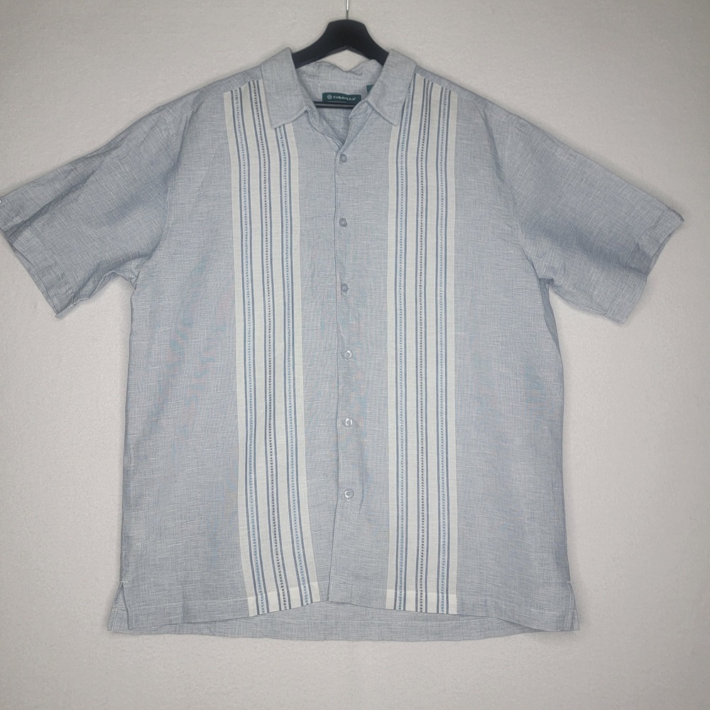 Cubavera Mens XL Blue Linen Blend Short Sleeve Button Down Guayabera Style Shirt